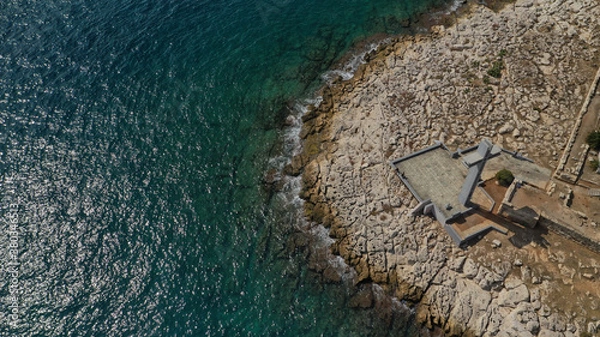 Fototapeta Aerial drone photo of famous dense populated district of Piraeus, Peiraiki or Freatida, Attica, Greece