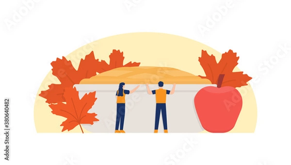 Fototapeta illustration of people standing in front of a giant apple cake. waiting for the pie to ripen to eat. a special autumn food or cake. flat design. can be used for elements, assets, UI, website