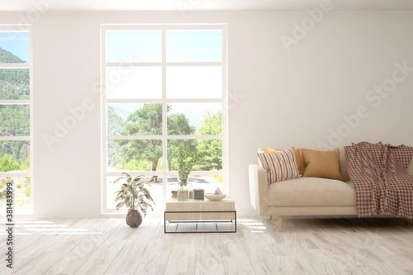 Fototapeta White living room with sofa and summer landscape in window. Scandinavian interior design. 3D illustration