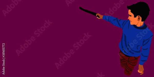 Fototapeta An indian boy cartoon pointing stick alone on purple background abstract art for sport concept.