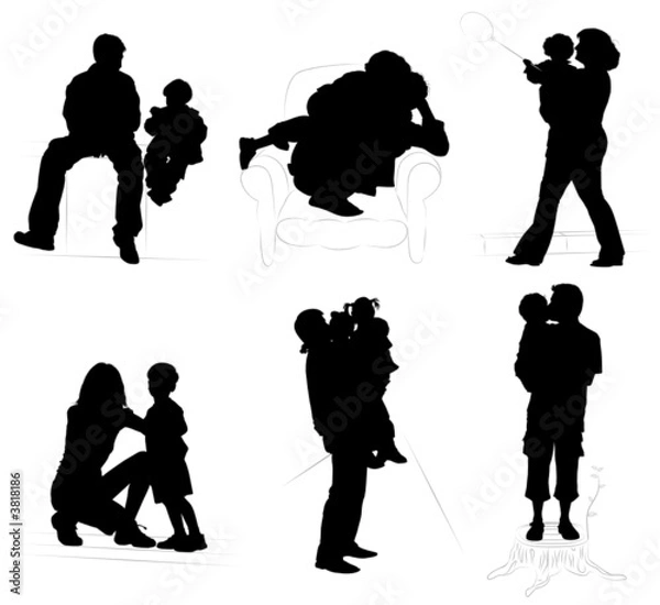 Fototapeta Silhouettes of parents with children, vector illustration