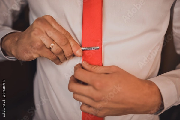 Fototapeta A man in a white shirt straightens his bow-tie