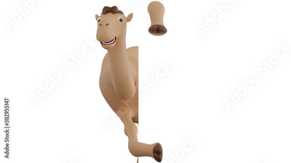 Fototapeta A Cartoon Camel 3d Rendering holding a whiteboard. It lives in Arabian desert. 