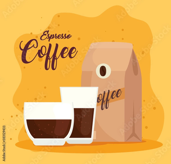 Obraz espresso coffee, cup and bags on white background vector illustration design