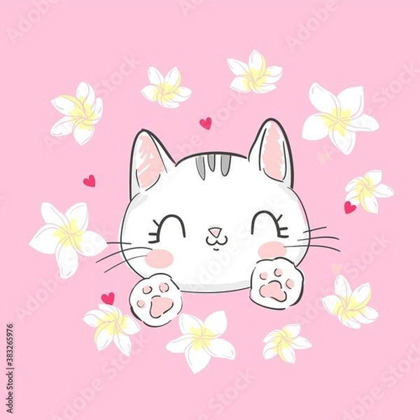 Fototapeta Hand drawn cute cat and flowers pink background vector illustration