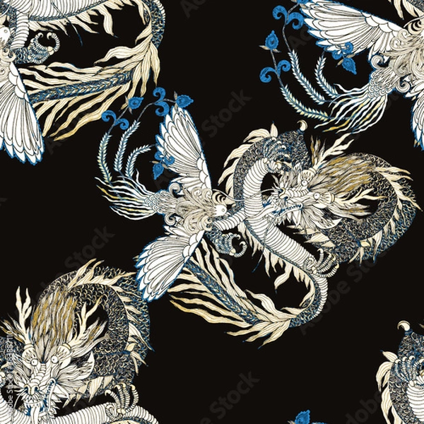 Fototapeta Creative seamless pattern with hand drawn chinese art elements: dragon, phoenix and flowers. Trendy print. Fantasy chinese print, great design for any purposes. Asian culture. Abstract art.