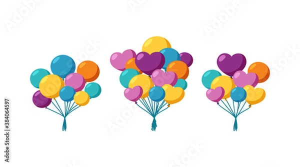 Obraz Balloons for a holiday surprise. Set of helium balloons bunches. Vector illustration in cute cartoon style