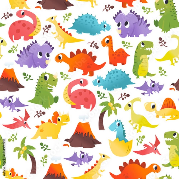 Fototapeta Super Cute Cartoon Dinosaurs Seamless Pattern Background