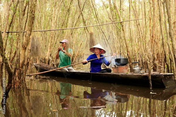 Fototapeta Landscape photo: couple cooking rice in Melaleuca forest (Vietnam)