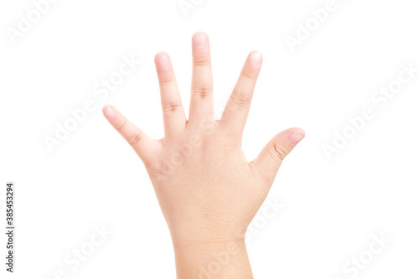 Fototapeta Boy's hand shown five finger symbol on isolated white background for graphic designer.