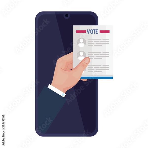 Fototapeta hand holding vote paper on smartphone design, President election government and campaign theme Vector illustration