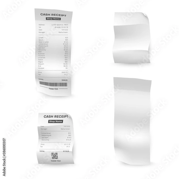 Fototapeta Shopping bills long, short and empty paper blank realistic mockups set. Till receipts. Copy space.