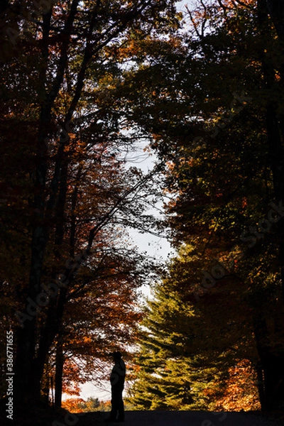 Fototapeta Cornwall, Ct, USA A man on a road in silhouette with fall foliage and autumn colors.