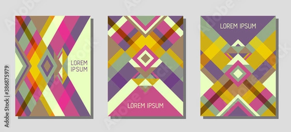 Fototapeta Cover page layout vector template geometric design with triangles and stripes pattern.