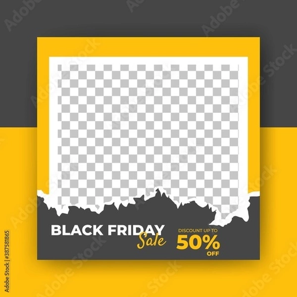 Fototapeta Editable square banner template. Post template banner vector design with black friday theme and torn paper. Perfect for social media post and internet ad. Flat vector design with photo collage.