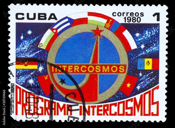 Fototapeta CUBA - CIRCA 1980: A stamp printed in CUBA, Intercosmos program