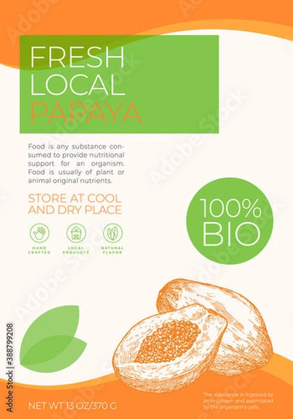 Fototapeta Fresh Local Fruits Label Template. Abstract Vector Packaging Design Layout. Modern Typography Banner with Hand Drawn Papaya with a Half Sketch Silhouette Background. Isolated