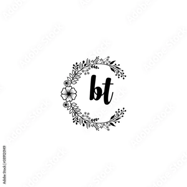 Fototapeta Initial BT Handwriting, Wedding Monogram Logo Design, Modern Minimalistic and Floral templates for Invitation cards