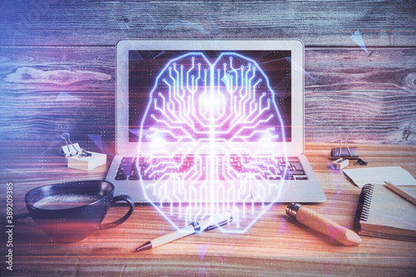 Fototapeta Double exposure of desktop computer and human brain drawing hologram. Ai concept.