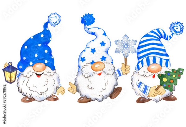 Fototapeta Watercolor illustration with christmas gnomes in blue hats, funny gnomes, new year greetings, holiday decor