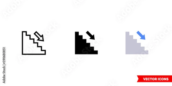 Fototapeta Stairs down icon of 3 types color, black and white, outline. Isolated vector sign symbol.