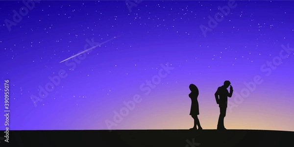 Fototapeta Silhouettes of couple man and woman broken heart. Night sky and stars as background. Love concept. Vector illustration.