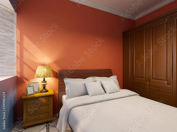 Fototapeta Modern design of the bedroom, there are large bed, dressing table and other facilities