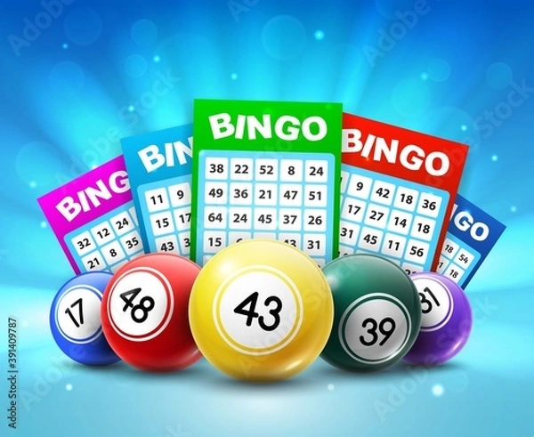 Fototapeta Lottery balls and tickets, 3d vector bingo lotto cards with numbers, keno gambling games. Colourful realistic balls and betting slips with lucky numbers, gaming industry and casino advertising design