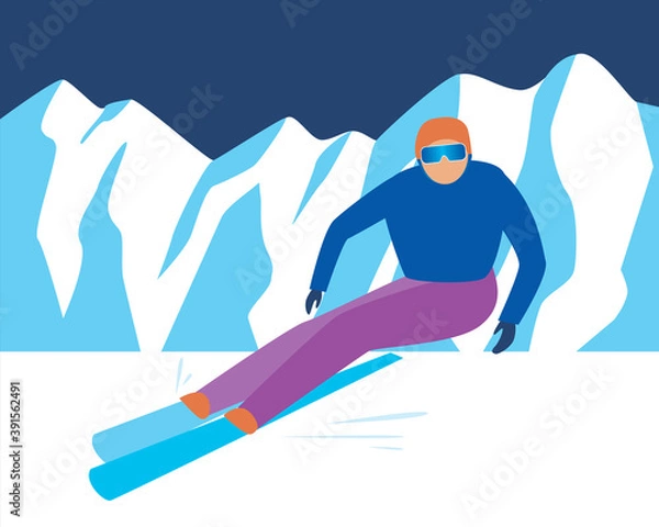 Fototapeta Skier downhill skiing, extreme sport concept, downhill skiing, flat vector stock illustration with extreme sport, activity