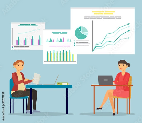 Fototapeta Two pregnant women sit by table at office. Future mothers working on laptop and with papers. Businesswomen on workplace in parlor. Diagrams and infographics on board. Vector illustration in flat style