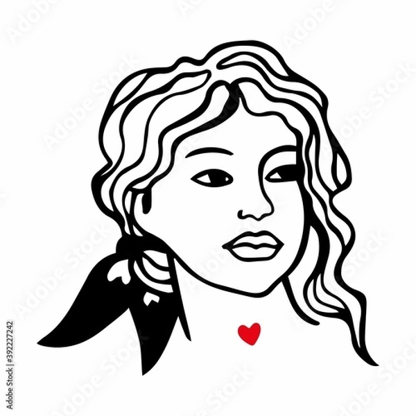 Fototapeta Vector illustration portrait of a girl with a bow in her hair. Black and white drawing of a beautiful girl's face, a red heart on her neck isolated on a white background.