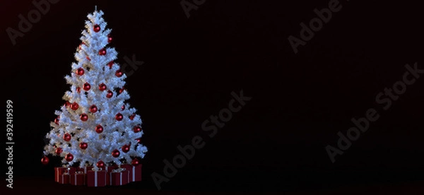 Fototapeta Red boxes with gifts tied with white ribbons under a white Christmas tree on a dark background. New year beautiful faux christmas tree, decorated with toys. With copy space for text