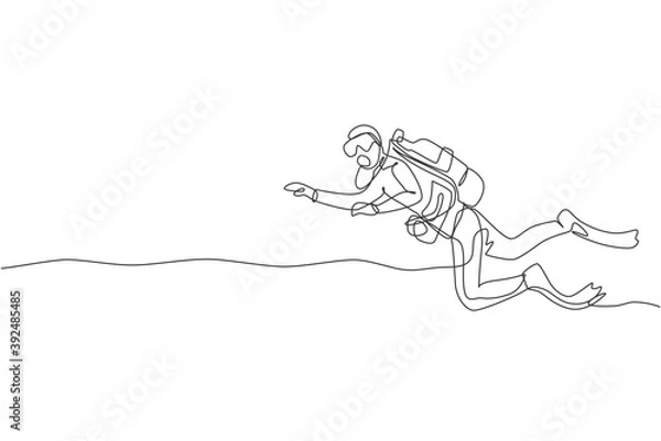 Fototapeta One single line drawing young energetic man do scuba diving at sea ocean to see underwater life world vector illustration graphic. Healthy lifestyle sport concept. Modern continuous line draw design