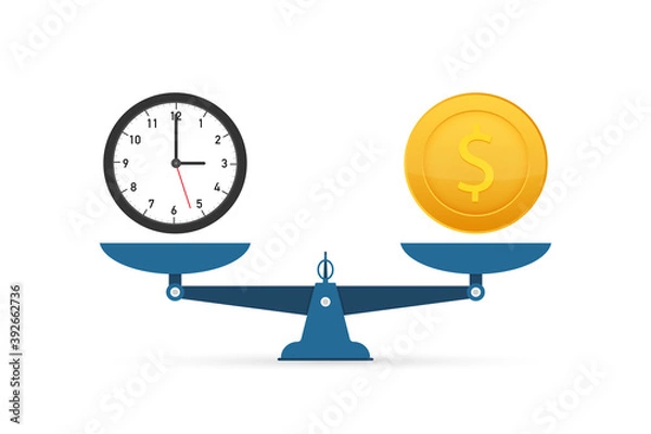 Fototapeta Time is money on scales icon. Money and time balance on scale. Vector stock illustration.