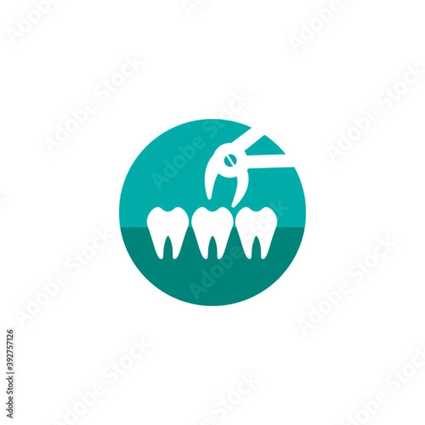 Fototapeta Tooth extraction icon. Dental extraction forceps sign. Vector illustration in a flat style, isolated on a blue background