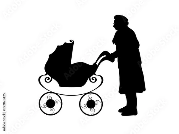 Fototapeta Silhouette of grandmother with baby stroller