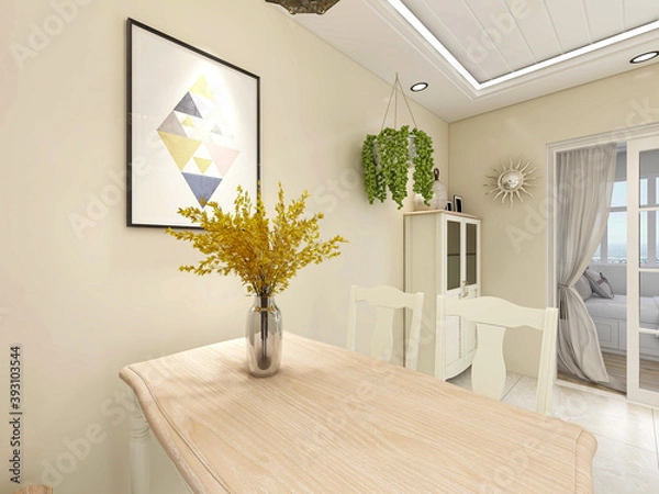 Fototapeta spacious dining room design next to the modern kitchen, with a beautiful dining table and greenery