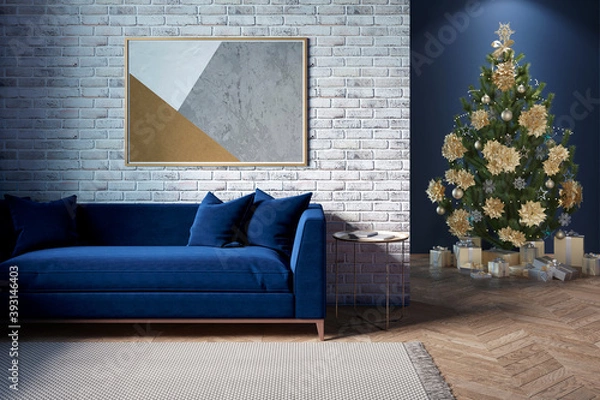 Fototapeta Modern living room with a horizontal poster on a brick wall, a cozy blue sofa, a carpet on a parquet floor. There is a Christmas tree with gifts in the background. 3d render