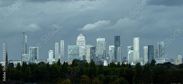 Fototapeta Canary Wharf Skyline and Trees Under Dark Cloud Looking North 