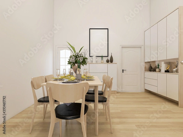 Fototapeta warm dining room area design, wooden table and chair