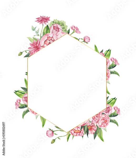 Fototapeta Watercolor floral illustration - leaves and branches frame with flowers and leaves for wedding stationary, greetings, wallpapers, background. Roses, green leaves. High quality illustration