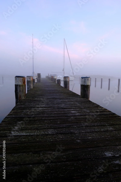 Obraz Sonnenaufgang im Nebel über dem Hafen Prerow am Prerowstrom, Halbinsel Fischland-Darss-Zingst, Mecklenburg-Vorpommern, Deutschland