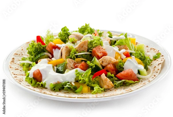 Fototapeta Kebab - grilled meat and vegetables