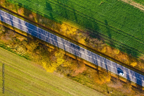 Fototapeta Aerial view of road in beautiful autumn forest at sunset. Beautiful landscape with empty rural road, trees with red and orange leaves. Highway through the park. Top view from flying drone. Nature