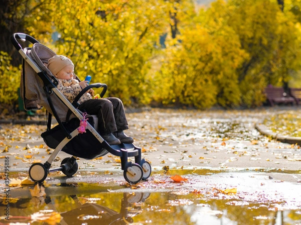 Fototapeta Baby girl sitting in an open stroller in an autumn park. Sunny day. Yellow maple leaves in a puddle on the asphalt. Happy childhood.