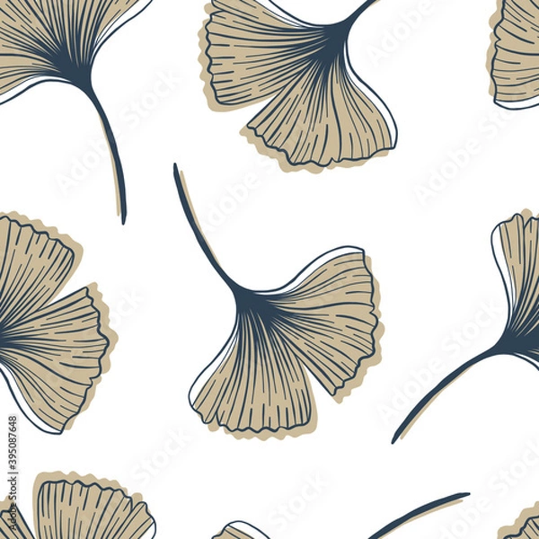 Fototapeta A simple boho-style pattern with a Ginkgo biloba plant. The delicate neutral colors of the background.