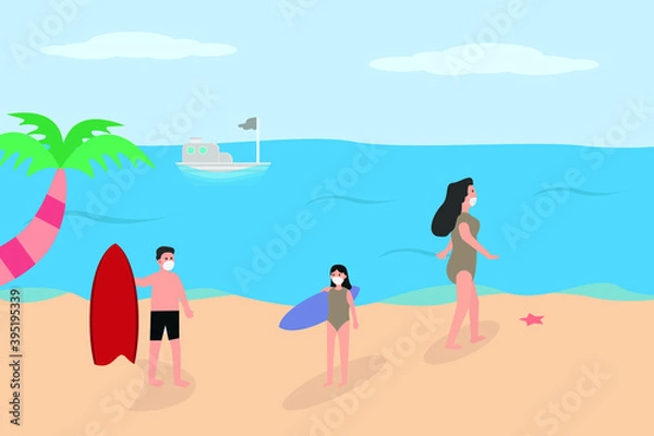 Obraz New Normal vector concept: Teenage wearing face mask and holding surfboard on the beach during new normal life after coronavirus pandemic