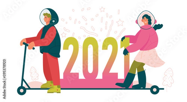 Obraz New Year 2021 creative concept illustration. Woman and man with protective helmet with 2021 inscription on scooter. Colorful vector illustration for designers templates.