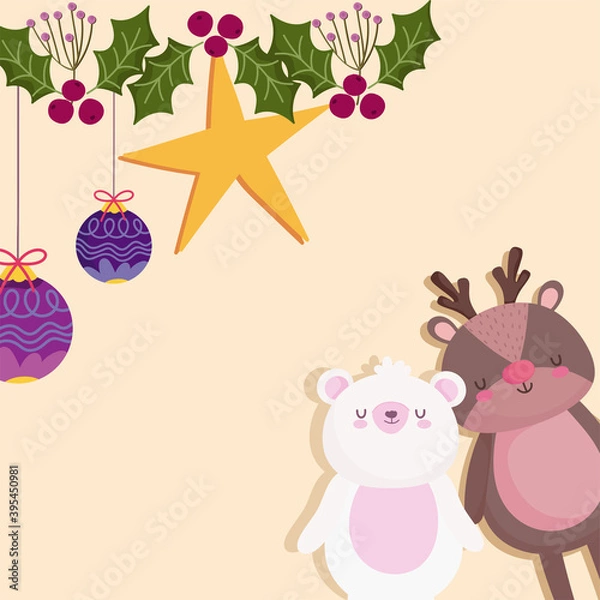 Fototapeta merry christmas, polar bear and reindeer star and balls decoration