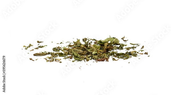 Fototapeta Dried mint herb isolated on white background. A handful of dried mint leaves. 